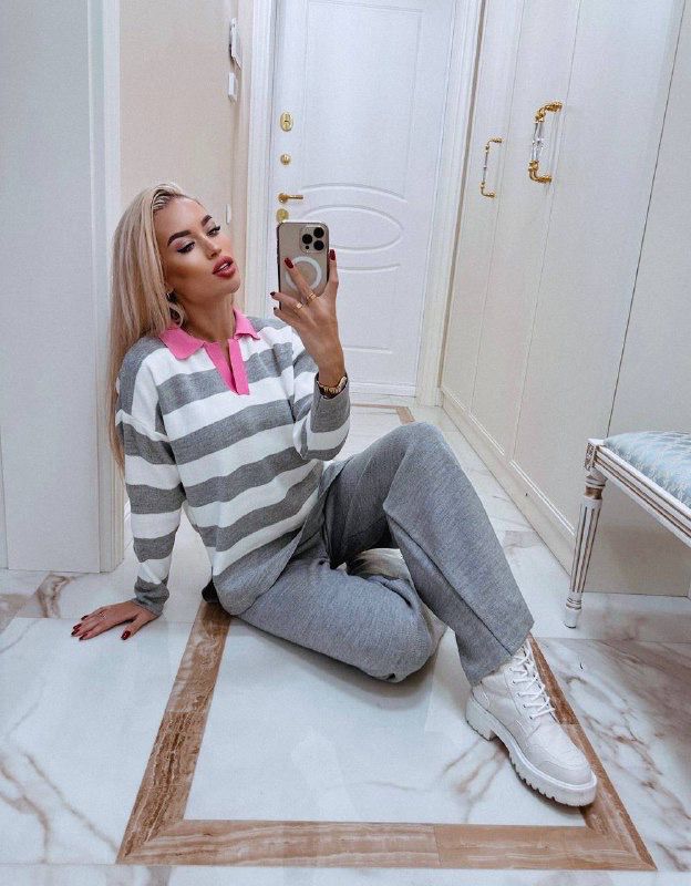 Ensemble 2 Pièces en Tricot Col Polo Détaillé à Rayures Taille Standard Réf9950