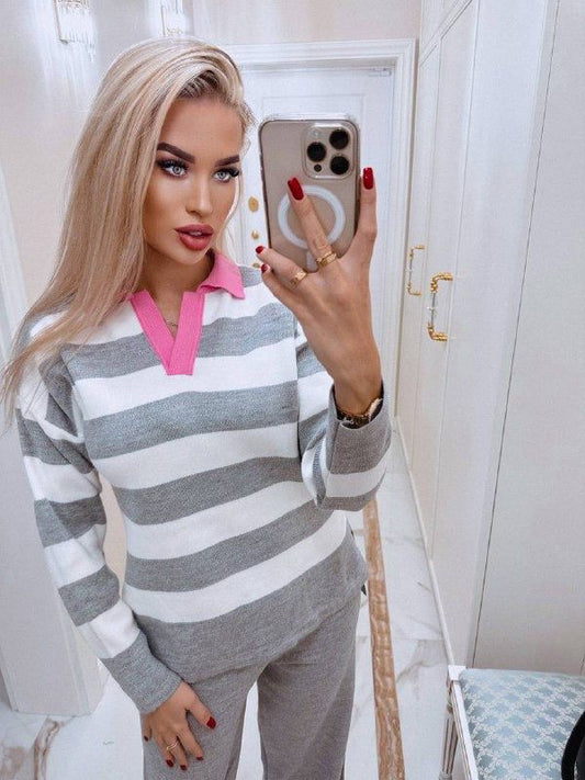 Ensemble 2 Pièces en Tricot Col Polo Détaillé à Rayures Taille Standard Réf9950