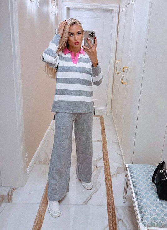 Ensemble 2 Pièces en Tricot Col Polo Détaillé à Rayures Taille Standard Réf9950