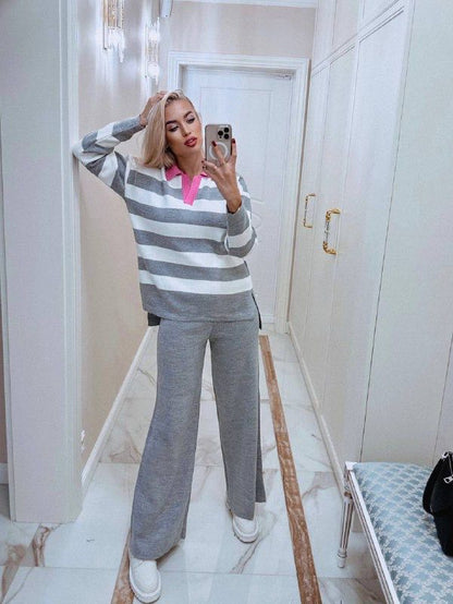 Ensemble 2 Pièces en Tricot Col Polo Détaillé à Rayures Taille Standard Réf9950