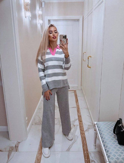 Ensemble 2 Pièces en Tricot Col Polo Détaillé à Rayures Taille Standard Réf9950