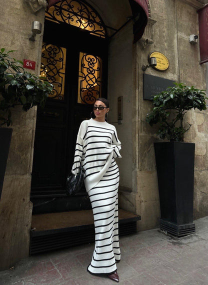 Ensemble élégant en Tricot Détaillé à Rayures Réf9956