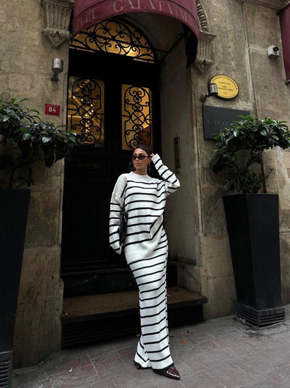 Ensemble élégant en Tricot Détaillé à Rayures Réf9956