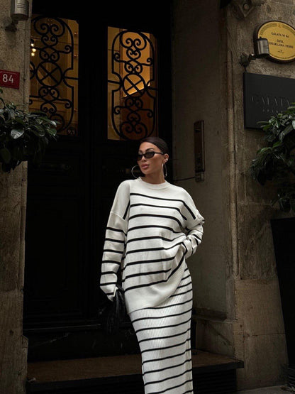 Ensemble élégant en Tricot Détaillé à Rayures Réf9956