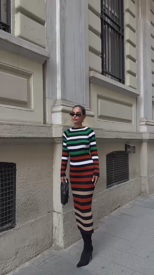 Robe Midi en Tricot à Rayures Colorées Réf2504