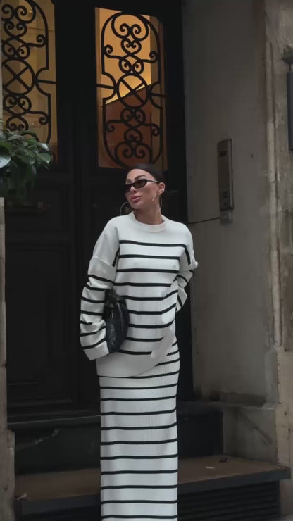 Ensemble élégant en Tricot Détaillé à Rayures Réf9956